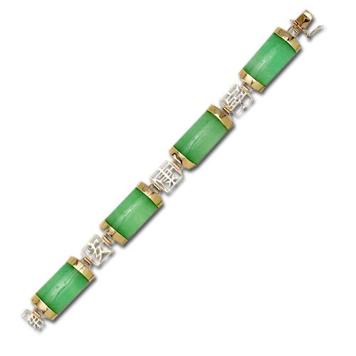 14KT Yellow Gold Chinese Characters with Green Jade Bracelet