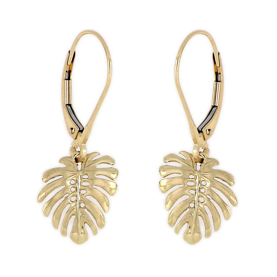 14KT Yellow Gold Hawaiian Monstera Leaf Earrings with Lever Back (L)