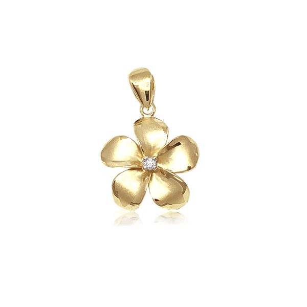 14KT Gold Classic 14mm Plumeria Pendant with Diamond