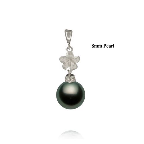 14KT White Gold Plumeria Tahitian Black pearl Pendant