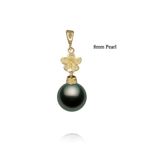 14KT Gold Hawaiian Plumeria Black Tahitian Pearl Pendant