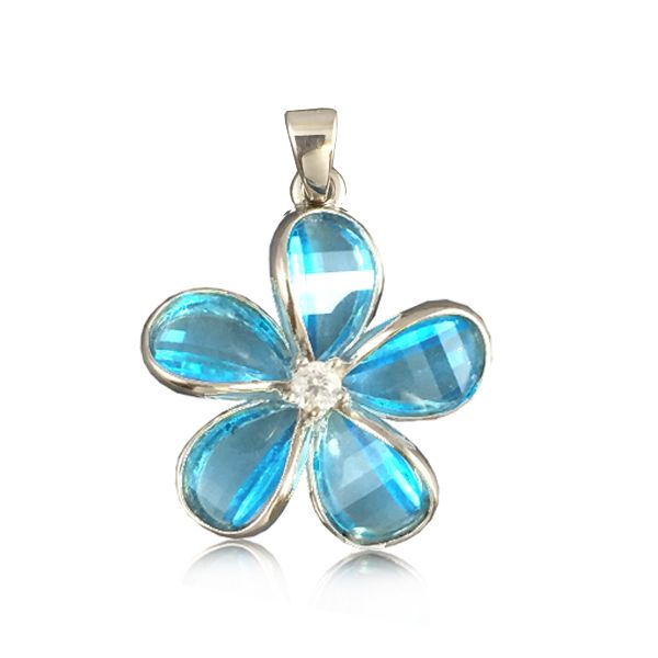 Sterling Silver 24MM Hawaiian Plumeria with Semi-Precious Blue Topaz Pendant 