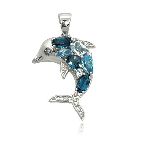Sterling Silver Mixed Shades Blue Topaz Dolphin Pendant