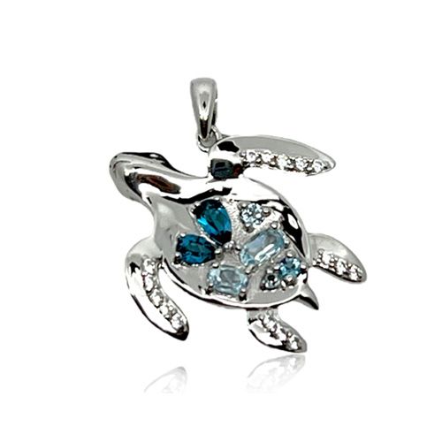 Sterling Silver Mixed Shades Blue Topaz Rising Sea Turtle Pendant