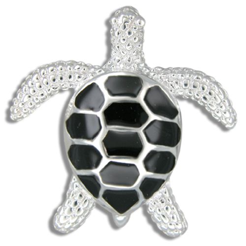 Sterling Silver Heavy Sea Turtle Pendant with Black Enamel