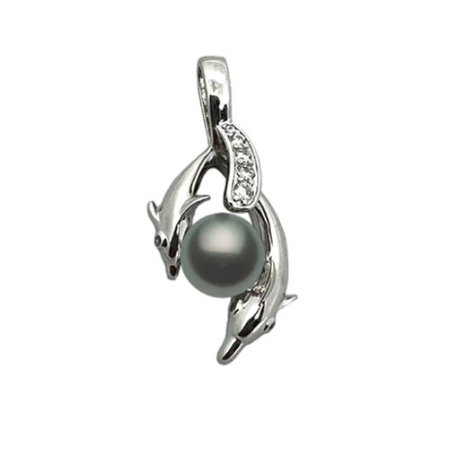 Sterling Silver Swimming Dolphins with Tahitian Pearl