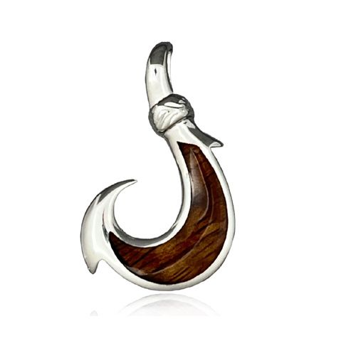 Sterling Silver Hawaiian Mens Koa Wood Fish Hook Pendant