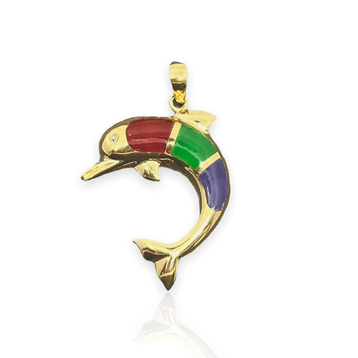 14KT Yellow Gold Mixed Color  Jade Dolphin Pendant with Diamond