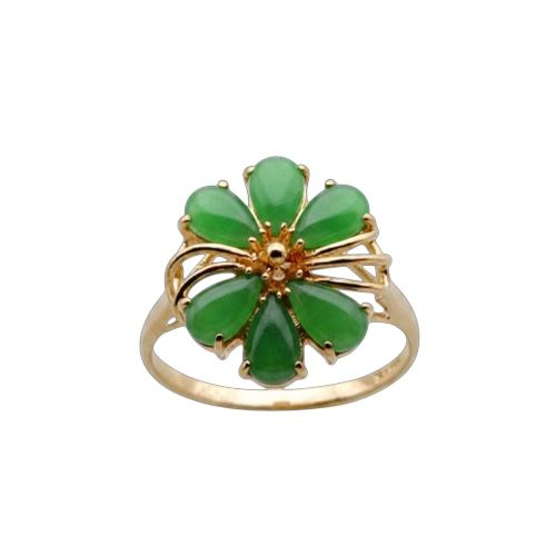 14KT Yellow Gold Fancy Six-Petal Plumeria with Green Jade Ring