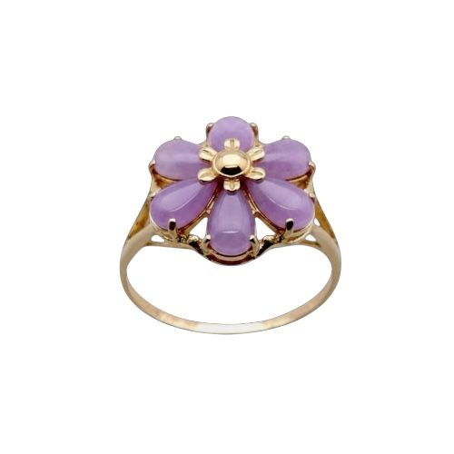 14KT Yellow Gold Six-Petal Lucky Plumeria with Purple Jade Ring