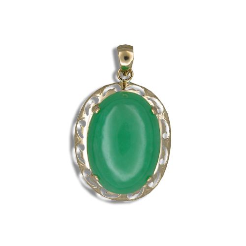 14KT Yellow Gold Oval Shaped Green Jade with Cut In Waves Design Pendant