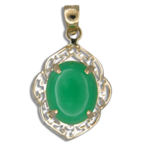 14KT Gold Cut-Out Wavy Greek Design with Oval Shaped Green Jade Pendant