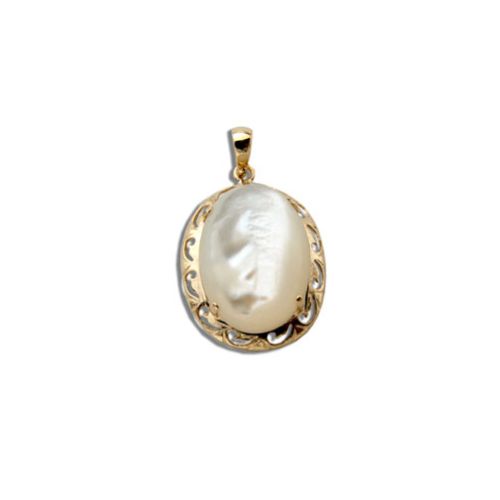 14KT Yellow Gold Oval Shaped MOP (Mother of Pearl Shell) with Cut In Waves Design Pendant (S)