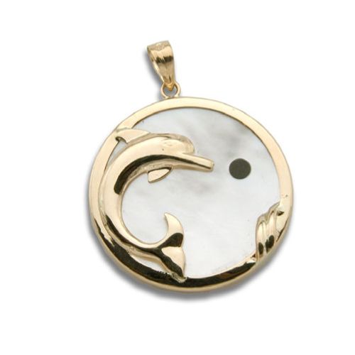 14KT Yellow Gold Dolphin with Round Shaped MOP (Mother of Pearl Shell) Pendant