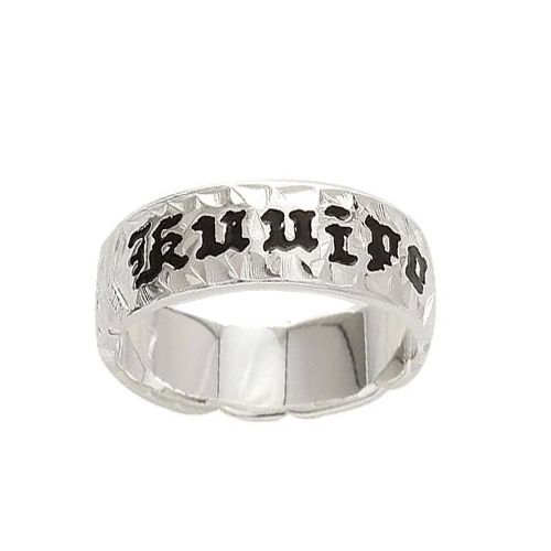 Sterling Silver 8MM Hawaiian Plumeria and Scroll Ring with Black Enamel 'Kuuipo' 