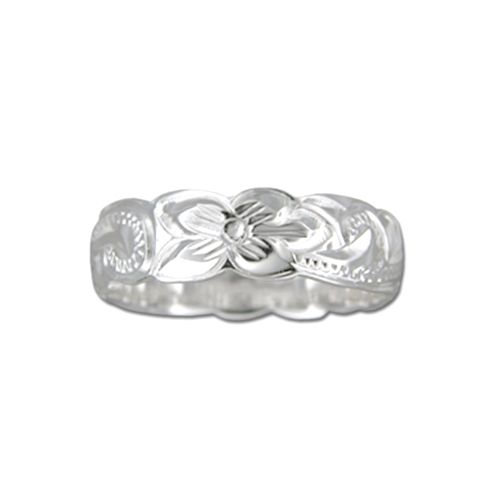 Sterling Silver 6MM Hawaiian Plumeria and Scroll Ring with Cut-Out Edge