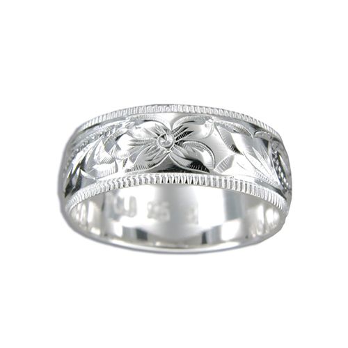 Sterling Silver 8MM Hawaiian Plumeria and Scroll Ring with Coin Edge
