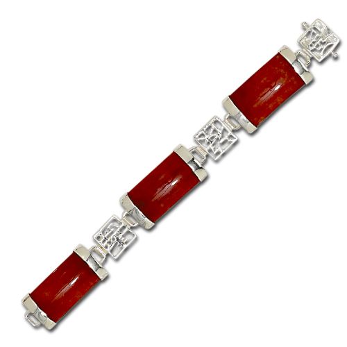 Sterling Silver Chinese Characters with Red Jade Bracelet