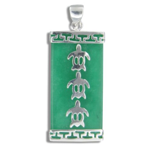 Sterling Silver Hawaiian Honu with Rectangle Shaped Green Jade Pendant (L)