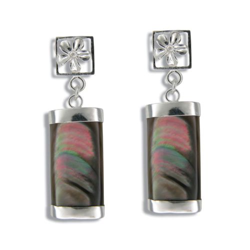 Sterling Silver Cut-In Plumeria with Long Bar Shaped Black MOP (Mother of Pearl Shell) Earrings