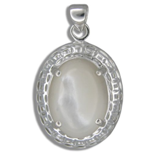 Sterling Silver Cut-In Chinese Pattern Design with Oval Shaped MOP (Mother of Pearl Shell) Pendant