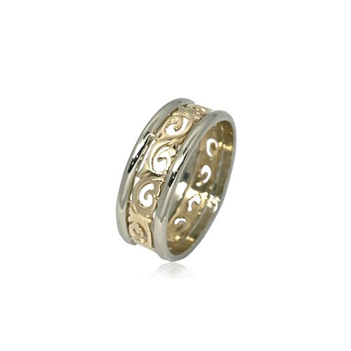14KT White and Yellow Gold Hawaiian Cut-in Scroll design Wedding Ring Band