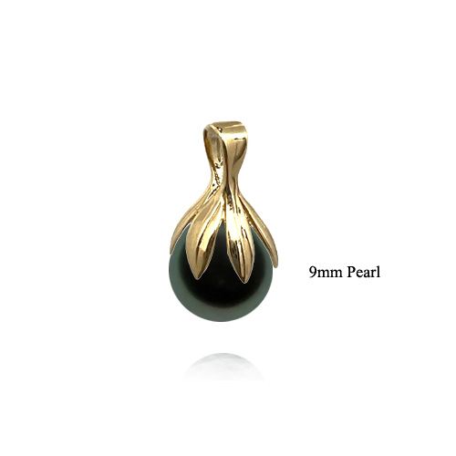 14KT Yellow Gold Maile leaf Design AAA Round Tahitian Pearl Pendant