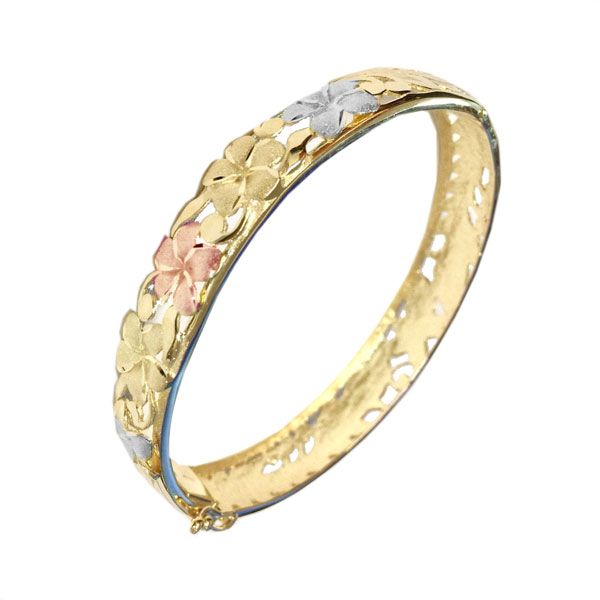 14KT Gold Hawaiian 10mm Tri-color Cut-in Five Plumeria Scrolled Bangle with Box Clasp and Hinge