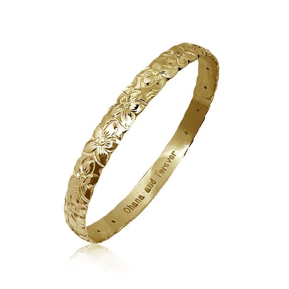 14KT Gold Custom Hawaiian Bangle Bracelet with Plumeria Cut-out Design