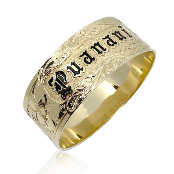 14K Yellow Gold Custom Hawaiian 25mm Bangle Bracelet with Double Plumeria and Maile Leis Design