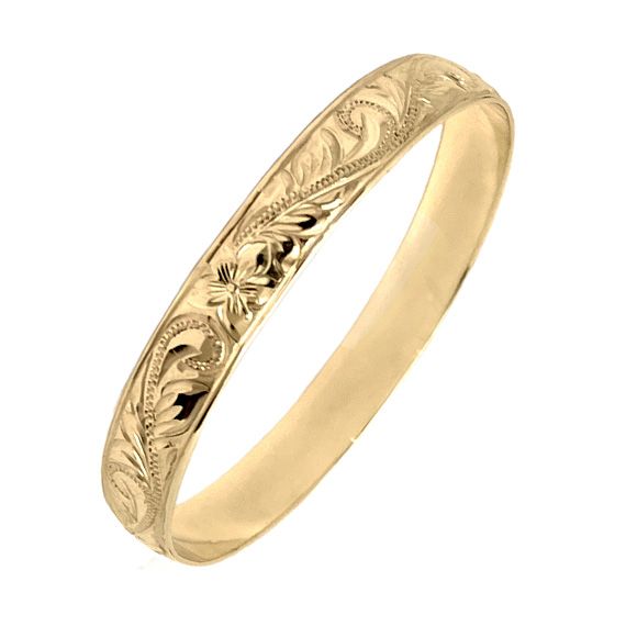 14KT Gold Custom Hawaiian Bangle Bracelet with Plumeria and Scroll Design