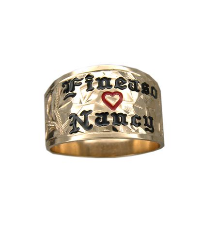 14KT Yellow Gold Custom 20mm Hawaiian Tapered Ring with Red Heart