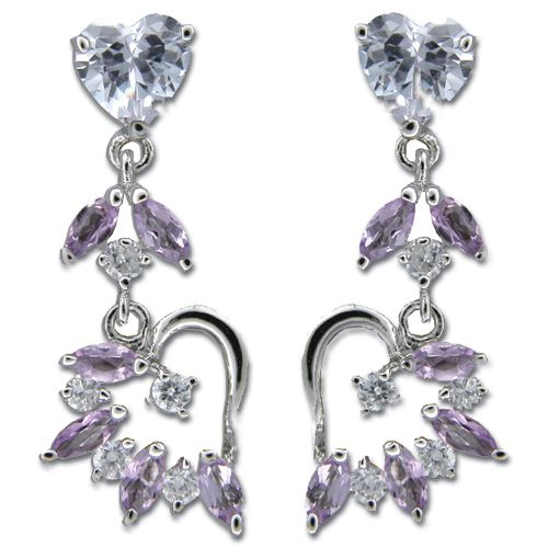 Sterling Silver Dangling Fancy Heart with Amethyst Purple CZ Post Earrings 