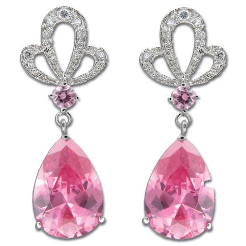 Sterling Silver Crown Design with Teardrop Pink Tourmaline CZ Drop Earrings 