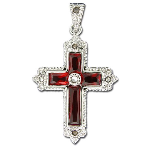 Sterling Silver Fancy Cross Design with Garnet Red CZ Pendant 