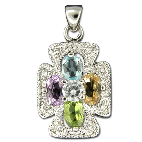 Sterling Silver Cross Design with Multi-Color CZ Pendant 