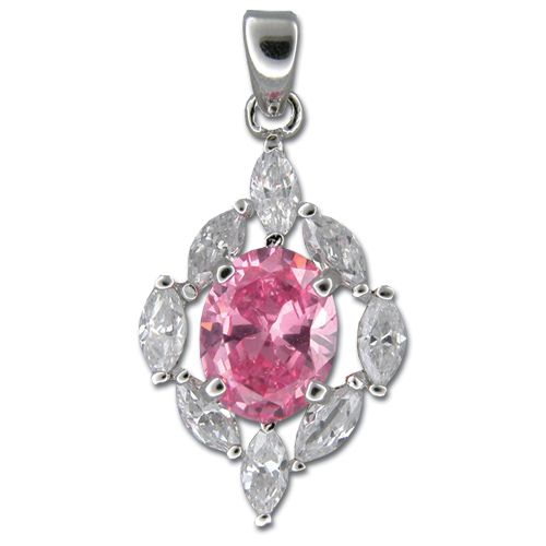 Sterling Silver CZ Leis with Oval Shaped Tourmaline Pink CZ Pendant