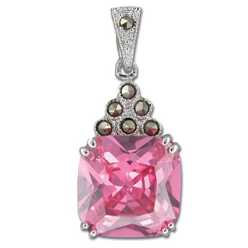 Sterling Silver Square-Cut Pink Tourmaline CZ Pendant