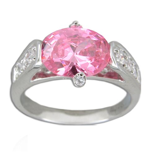 Sterling Silver Oval Shaped Pink Tourmaline CZ with Channel Set Clear CZ Ring 